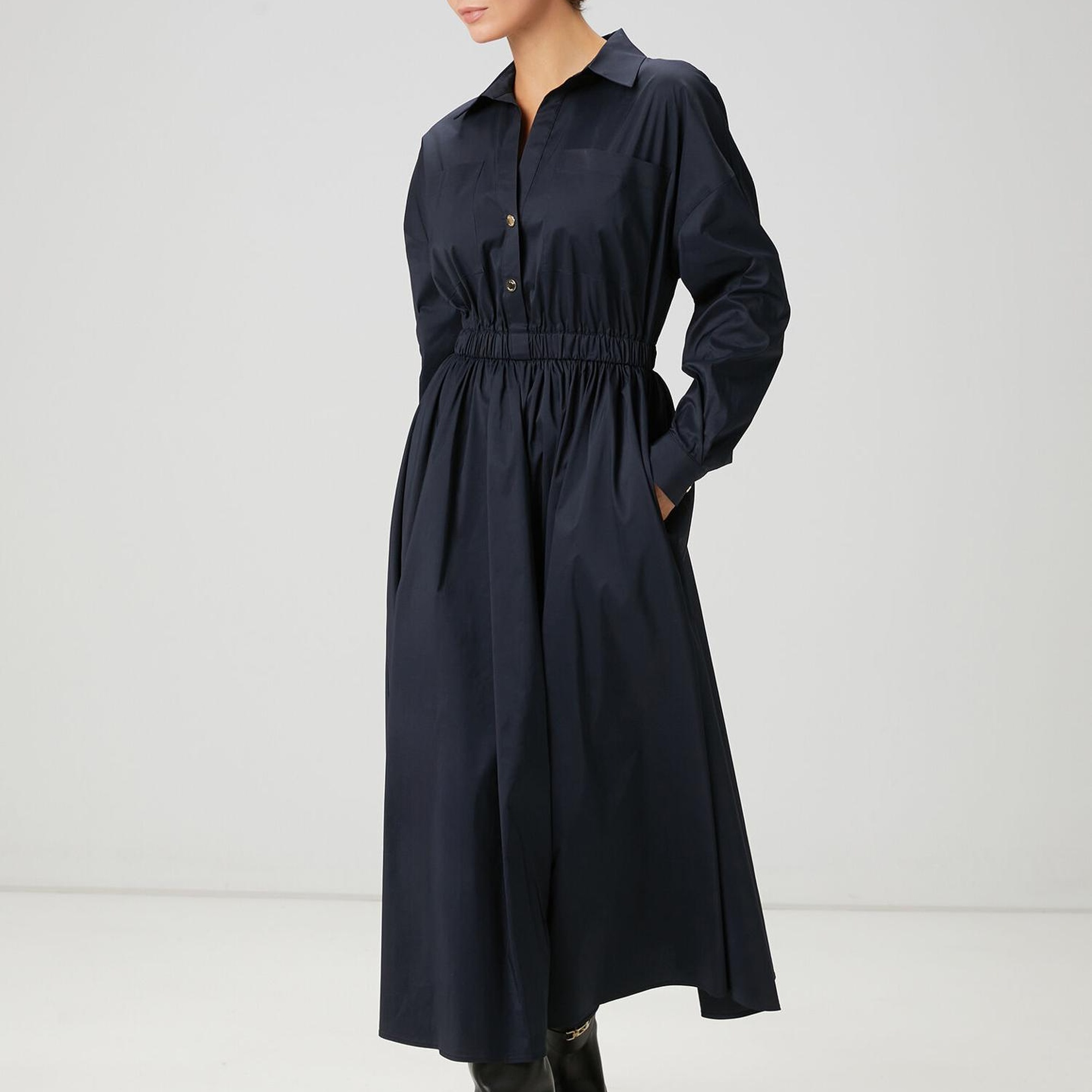 Beymen Club Kadın Koyu Lacivert Midi Tafta Gömlek Elbise