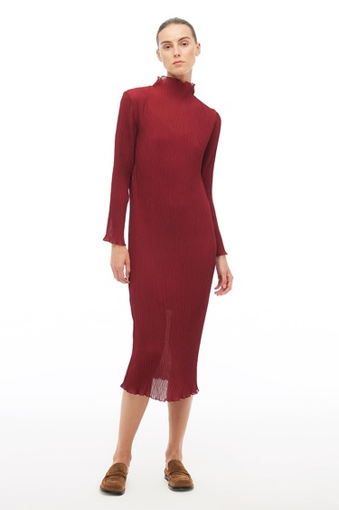  Bordo Balıkçı Yaka Midi Elbise