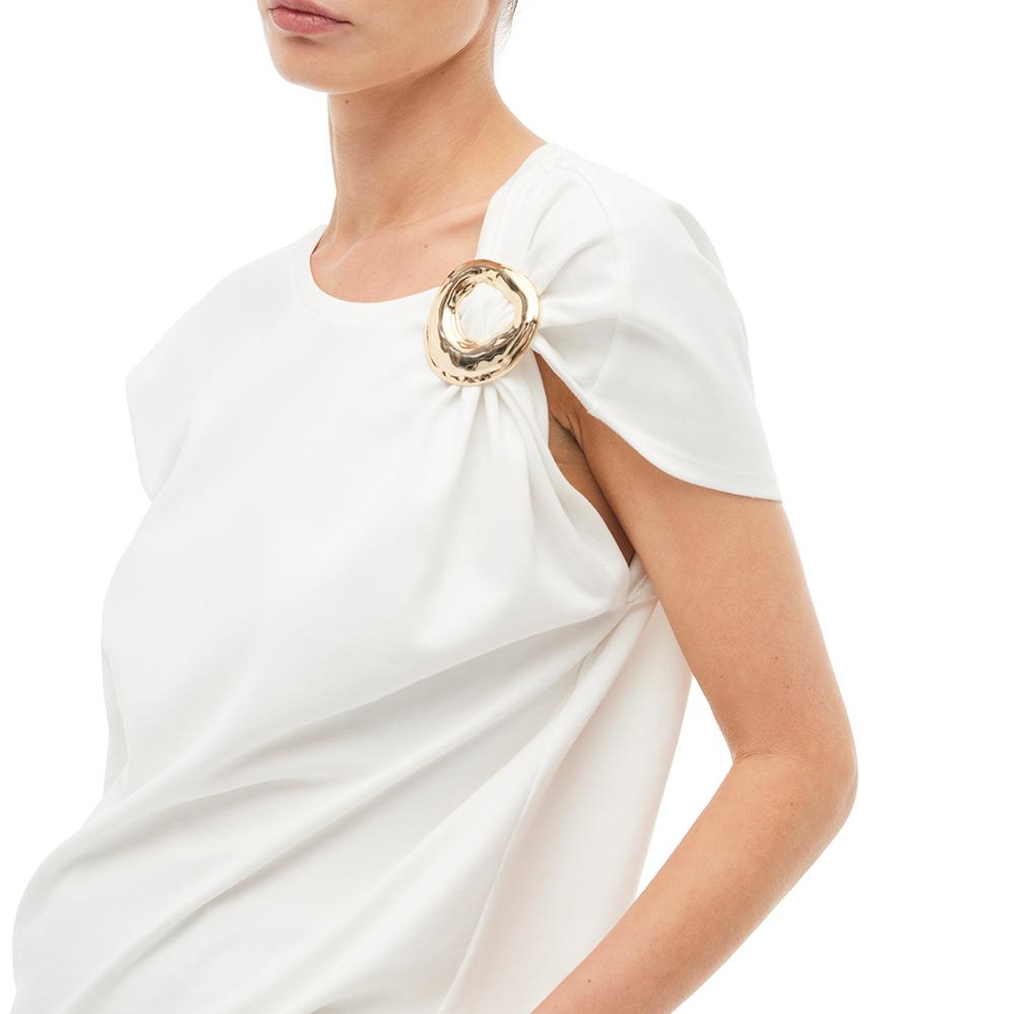 %100 Pamuk Ekru Omuz Detay Tişört