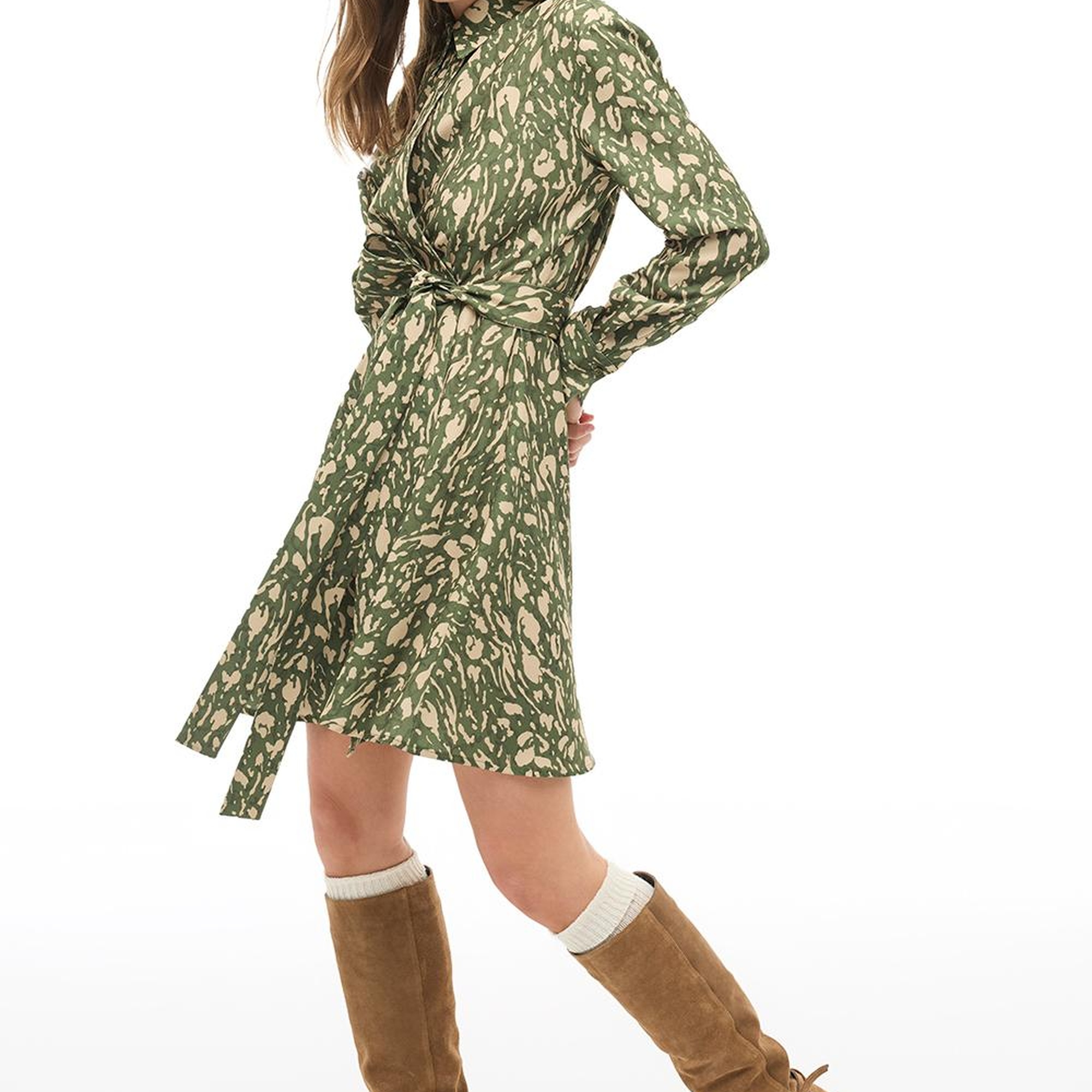 Çok Renkli Gömlek Yaka Leopar Kısa Elbise