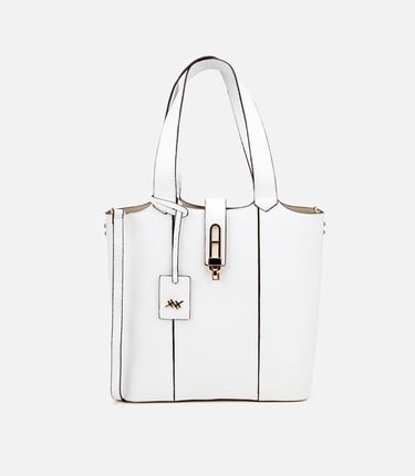  Kadın Deri Beyaz Kilit Detaylı Tote Çanta
