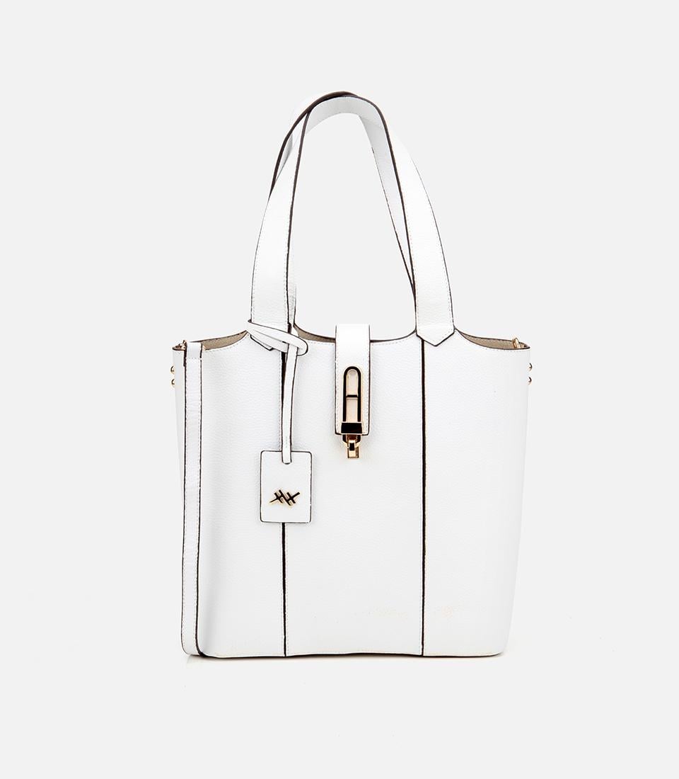  Kadın Deri Beyaz Kilit Detaylı Tote Çanta