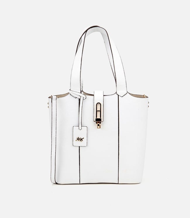  Kadın Deri Beyaz Kilit Detaylı Tote Çanta