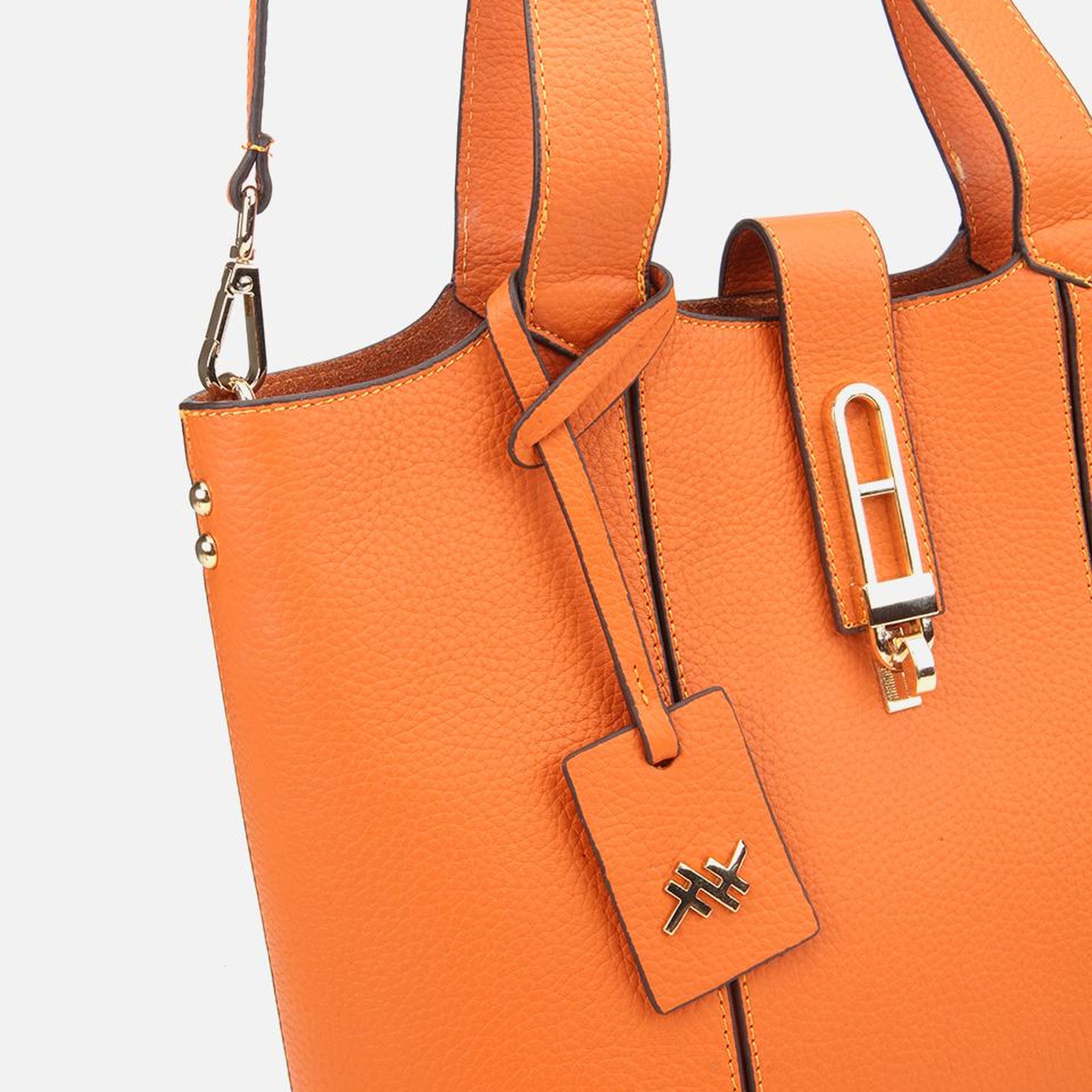 Kadın Deri Turuncu Kilit Detaylı Tote Çanta