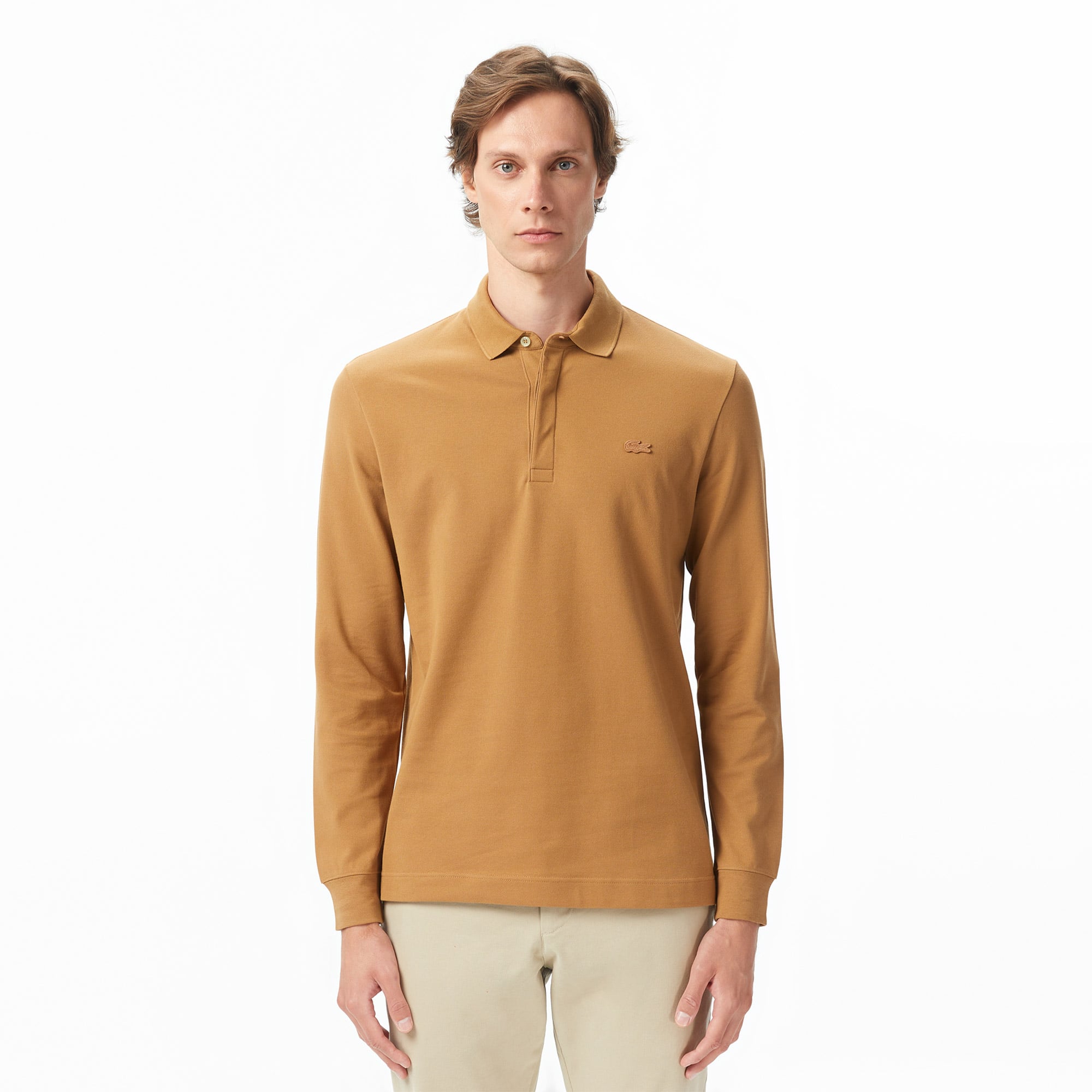  Lacoste Paris Erkek Regular Fit Uzun Kollu Açık Kahverengi Polo
