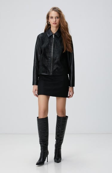  Network Kadın Siyah Limited Kroko Desenli Deri Mont