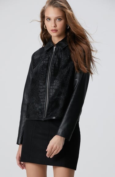  Network Kadın Siyah Limited Kroko Desenli Deri Mont