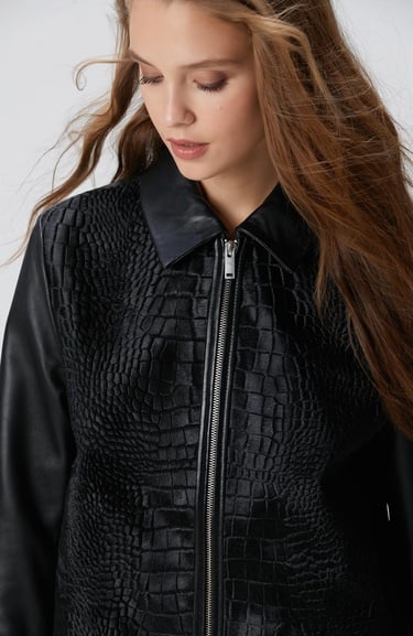  Network Kadın Siyah Limited Kroko Desenli Deri Mont