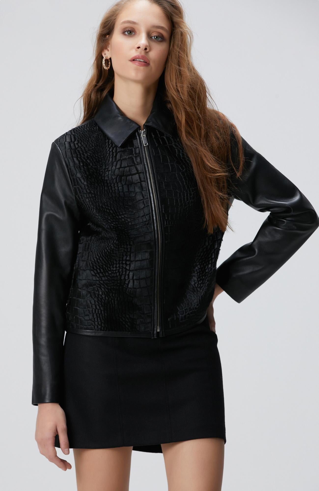 Network Kadın Siyah Limited Kroko Desenli Deri Mont