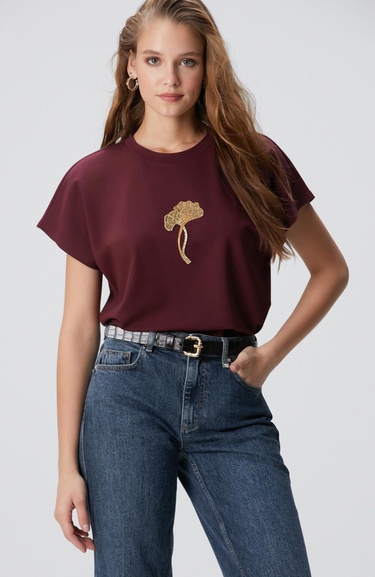  Network Kadın Bordo Çiçek Taş İşlemeli T-shirt