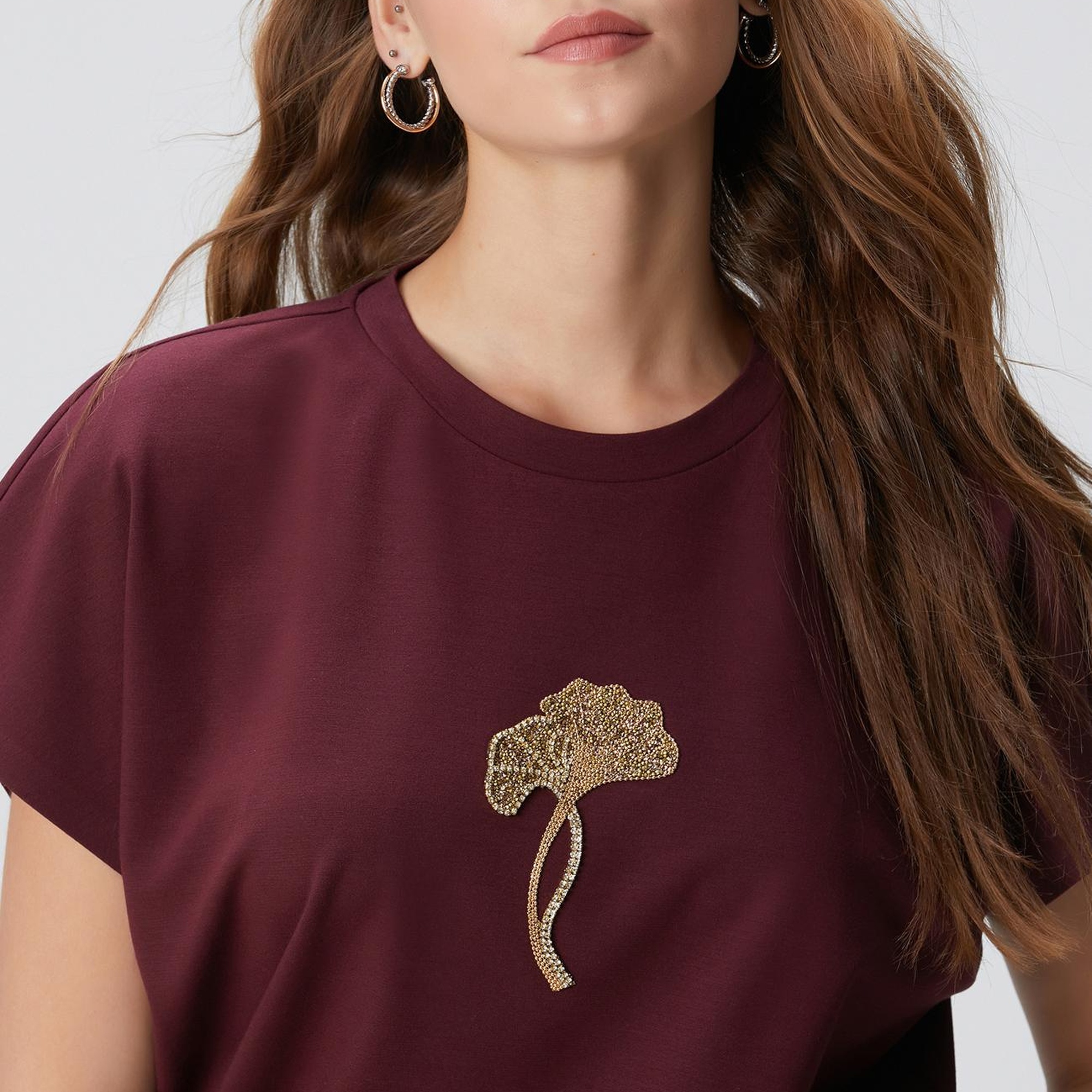 Network Kadın Bordo Çiçek Taş İşlemeli T-shirt