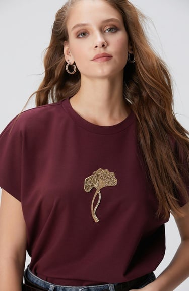  Network Kadın Bordo Çiçek Taş İşlemeli T-shirt