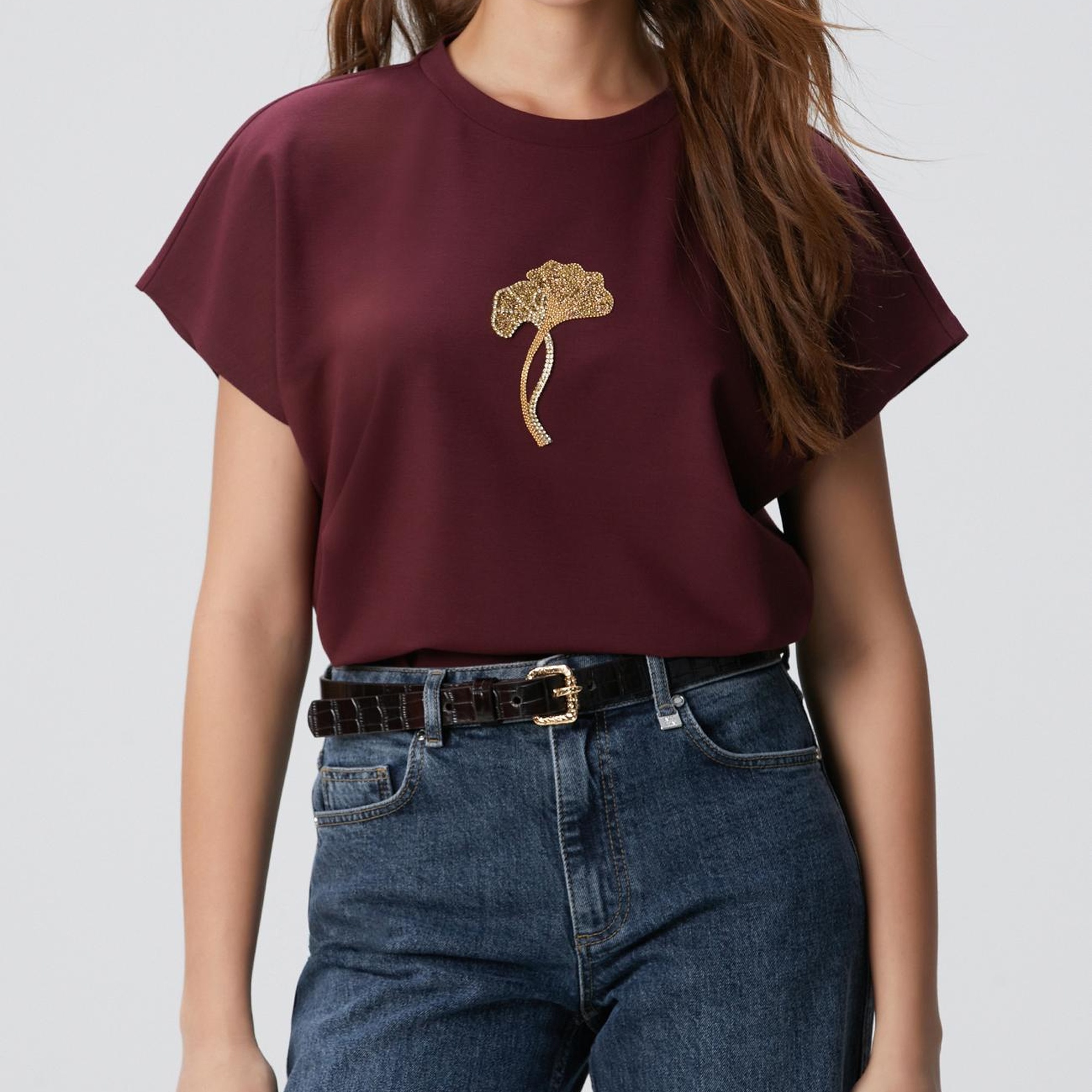 Network Kadın Bordo Çiçek Taş İşlemeli T-shirt