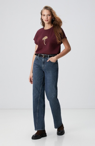  Network Kadın Bordo Çiçek Taş İşlemeli T-shirt