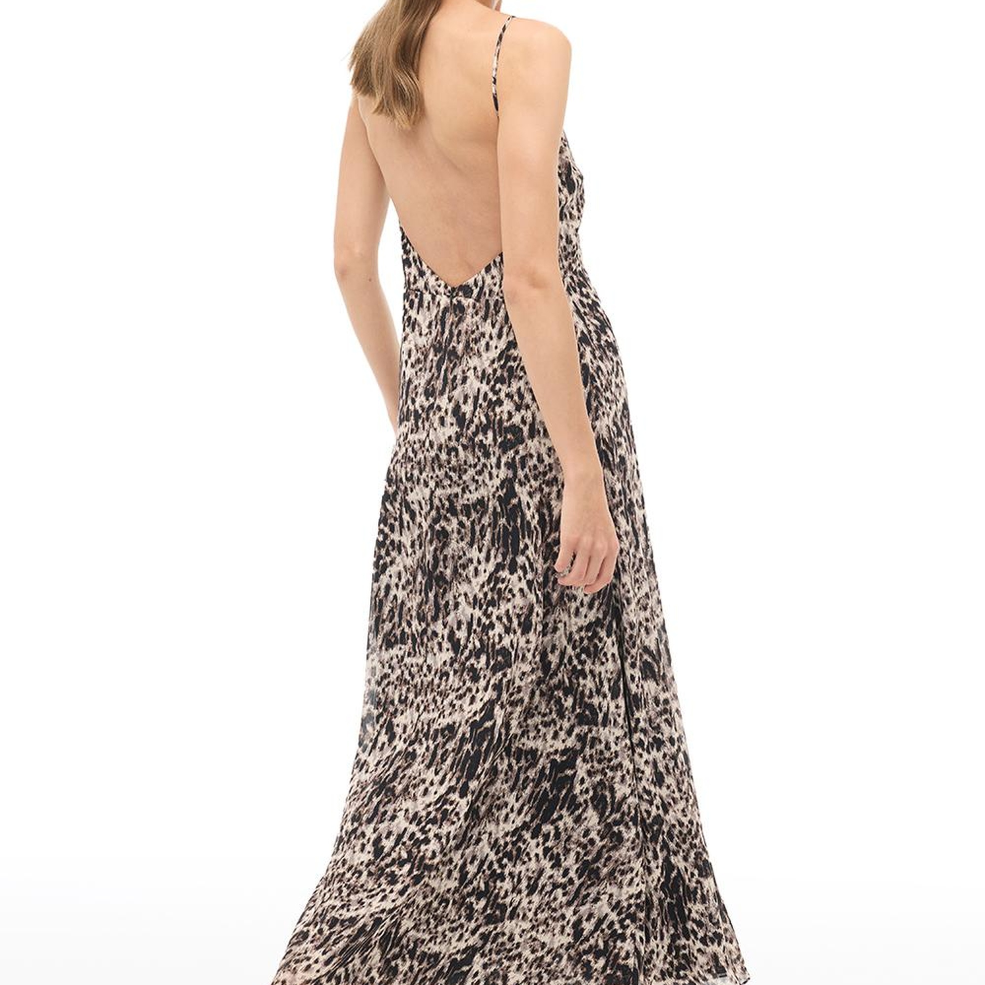 Kahverengi  V-Yaka Uzun Elbise