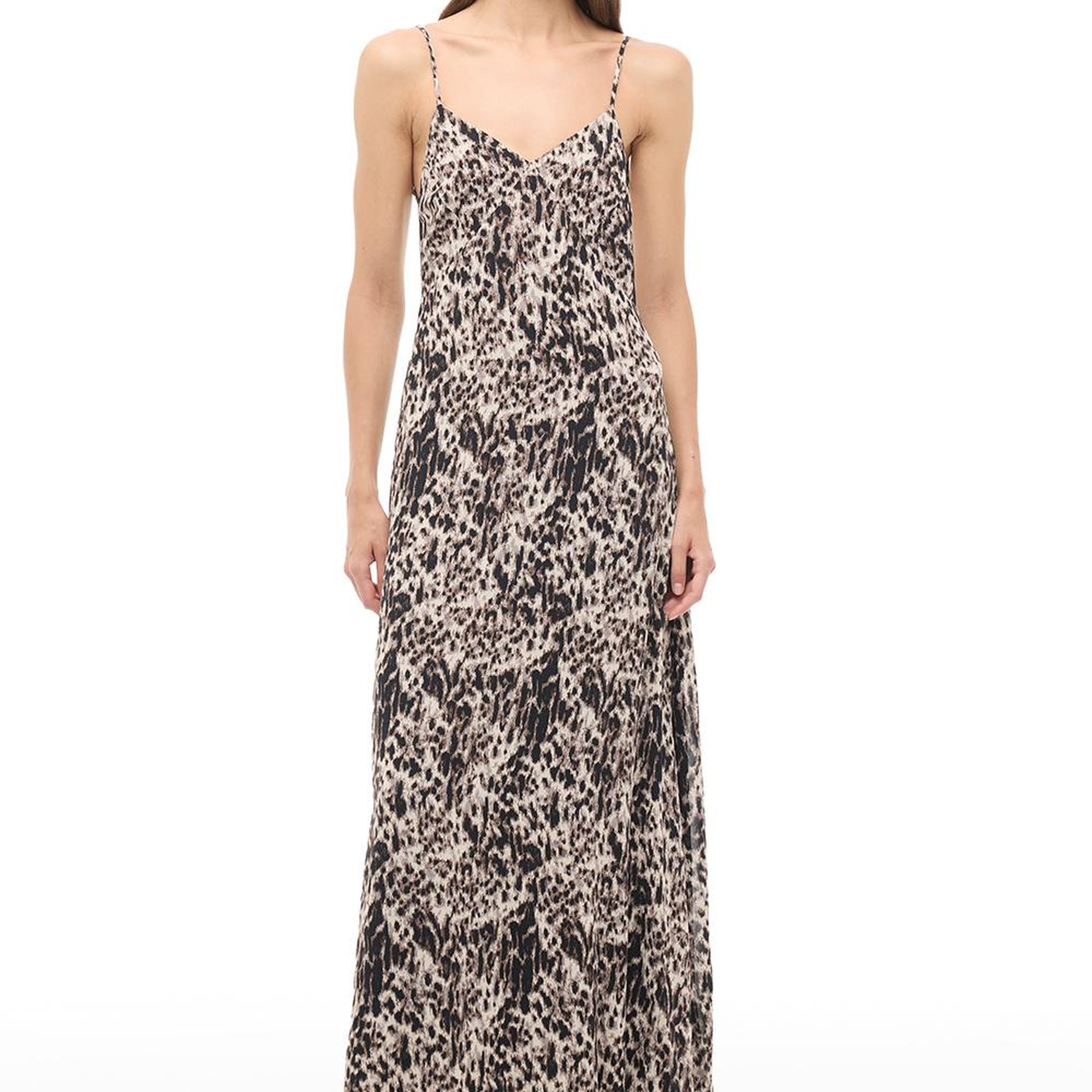 Kahverengi  V-Yaka Uzun Elbise