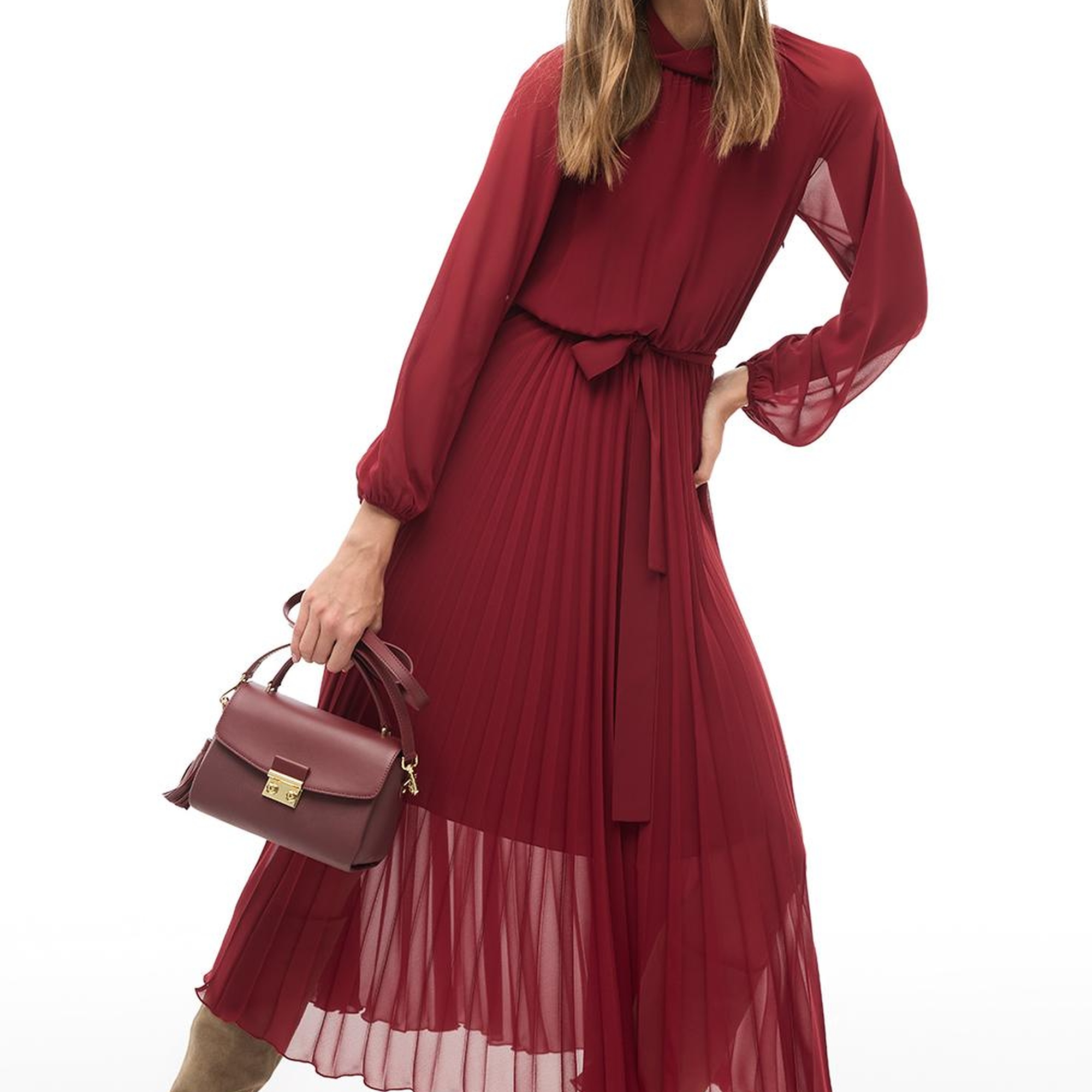 Bordo Balıkçı Yaka Bilek Boy  Elbise