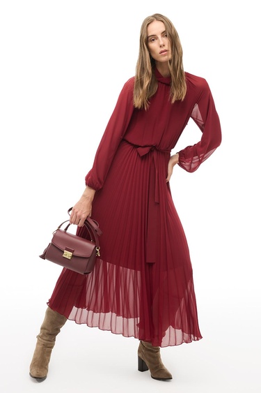  Bordo Balıkçı Yaka Bilek Boy  Elbise