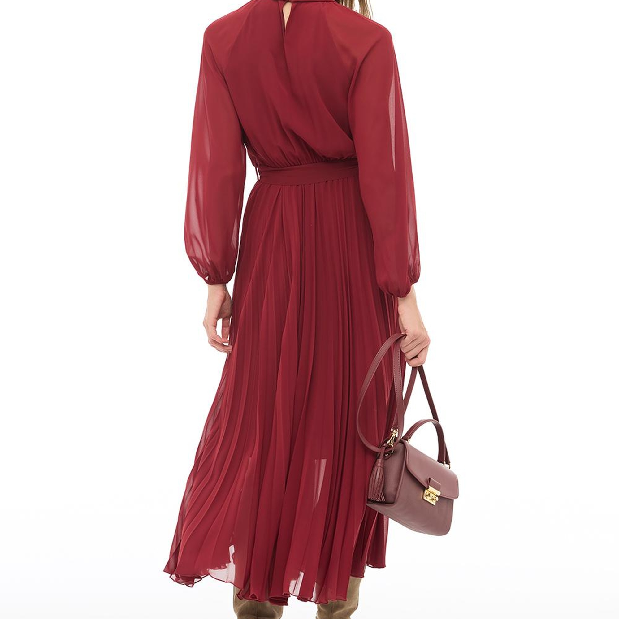 Bordo Balıkçı Yaka Bilek Boy  Elbise