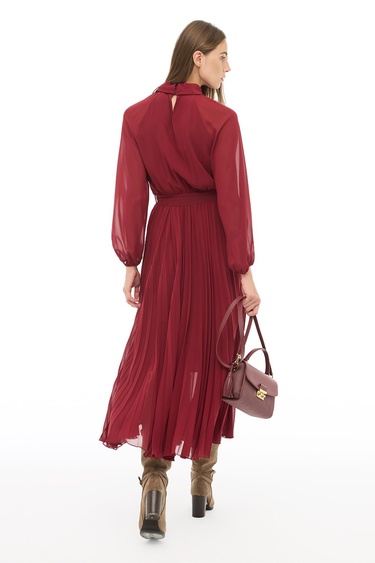  Bordo Balıkçı Yaka Bilek Boy  Elbise