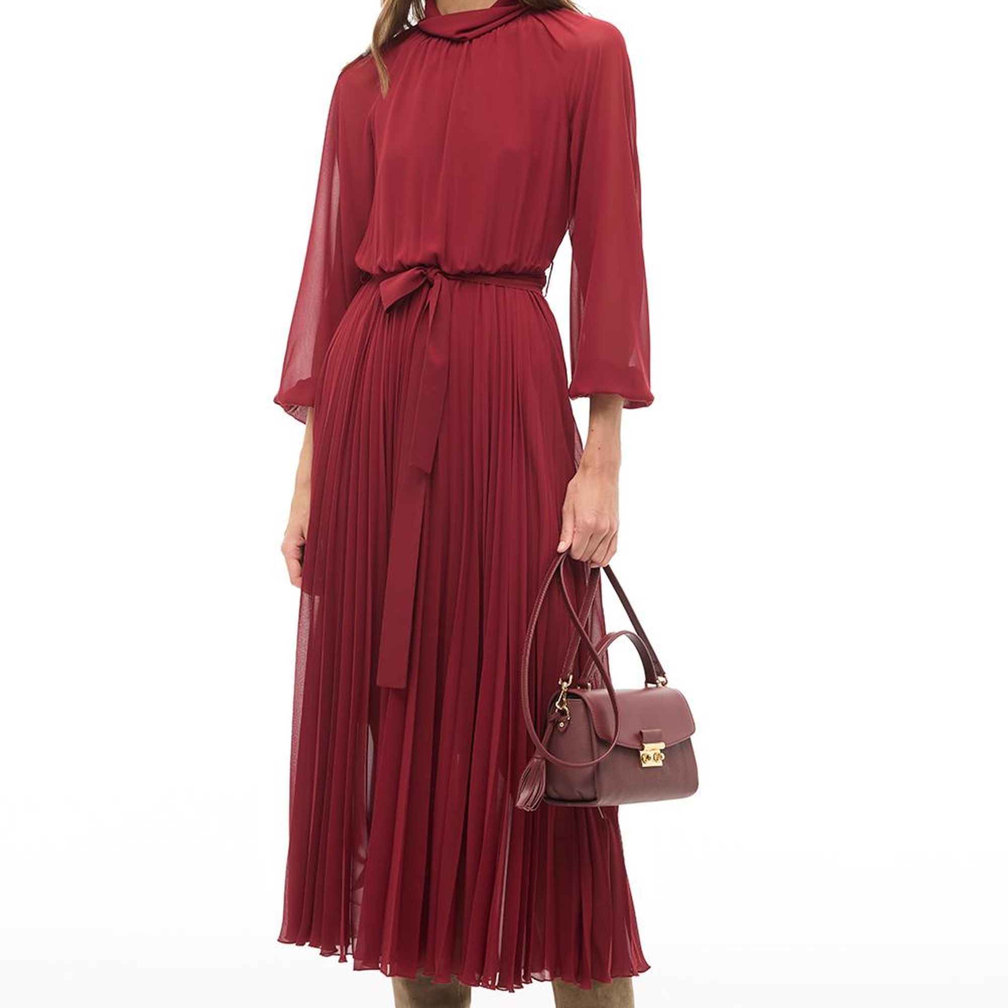 Bordo Balıkçı Yaka Bilek Boy  Elbise