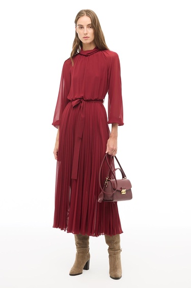  Bordo Balıkçı Yaka Bilek Boy  Elbise