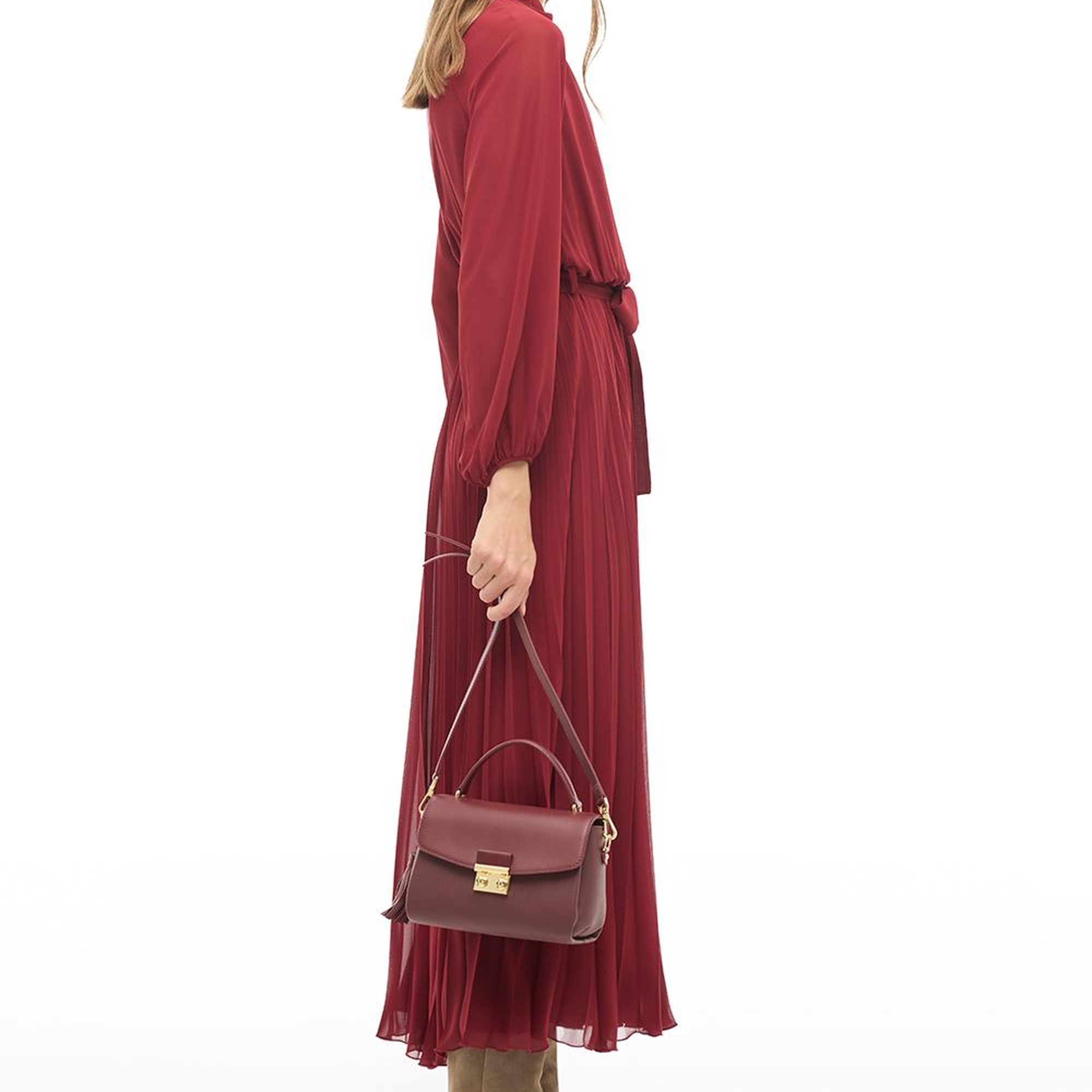 Bordo Balıkçı Yaka Bilek Boy  Elbise