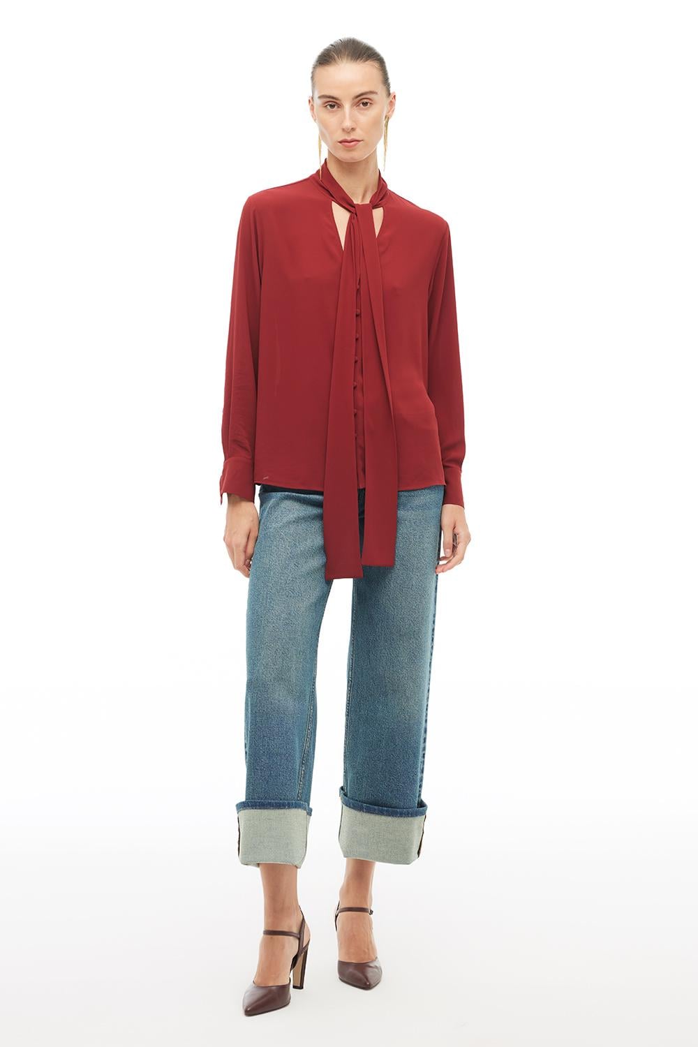  Bordo Bağlama Yaka Bluz