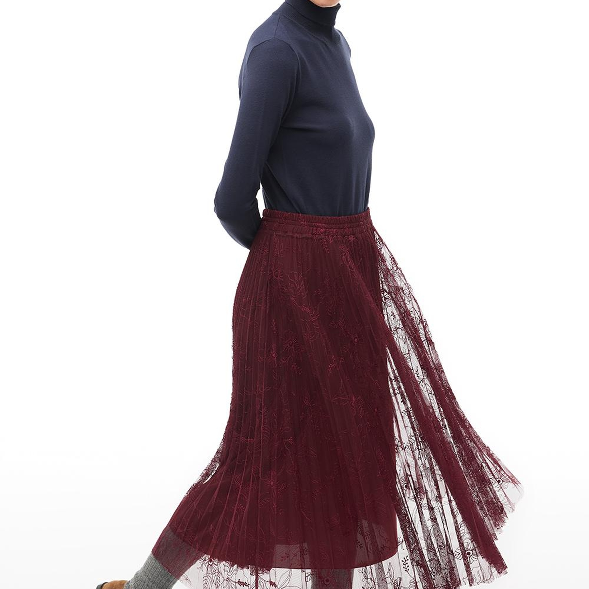 Bordo Yüksek Bel Bilek Boy Etek