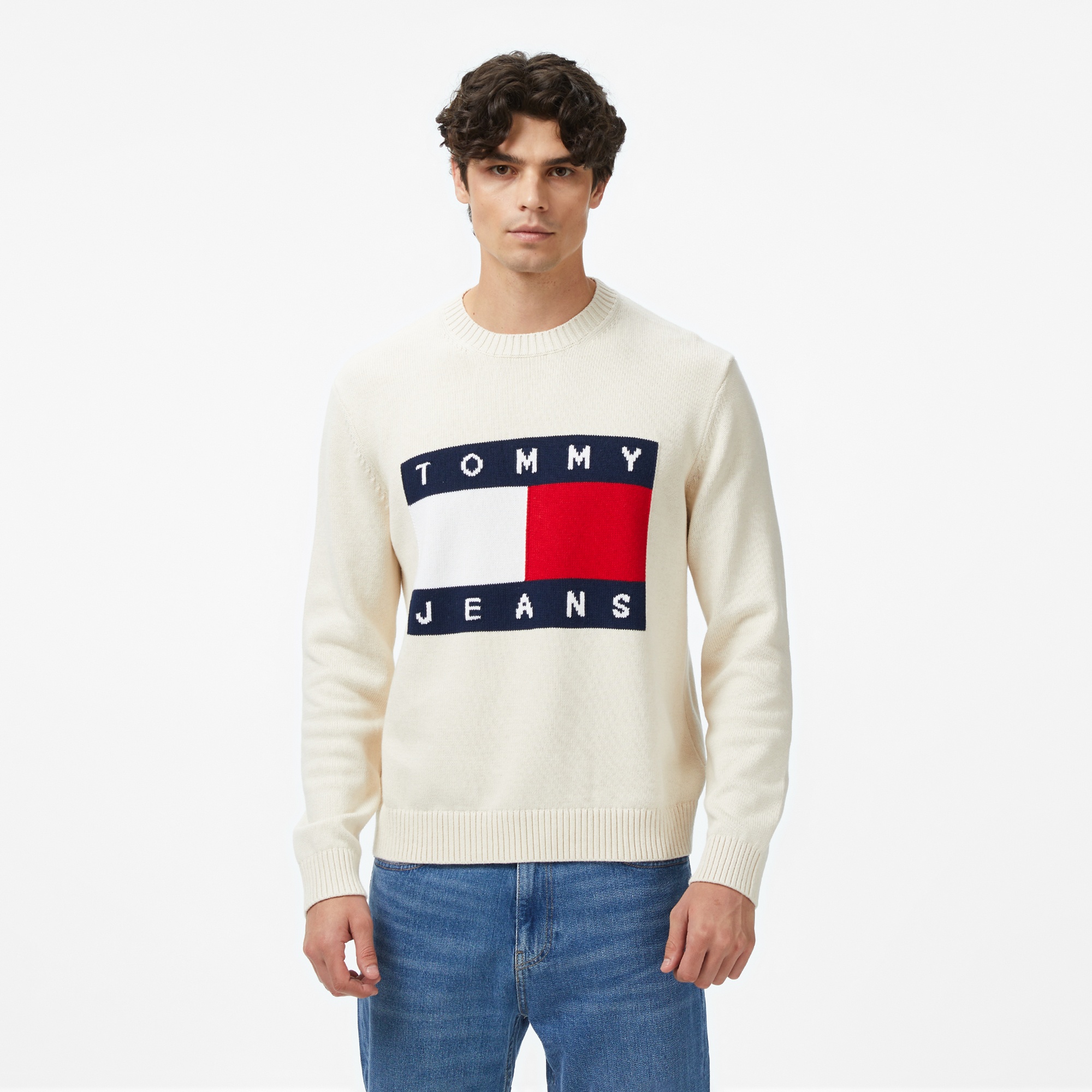 Tommy Jeans Regular Melange Flag Erkek Bej Kazak