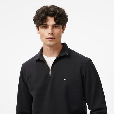  Tommy Hilfiger Essential Fleece 1/4 Erkek Yarım Fermuarlı Siyah Sweatshirt