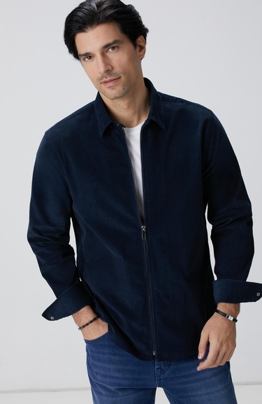  Network Erkek Lacivert Fermuarlı Fitilli Kadife Gömlek