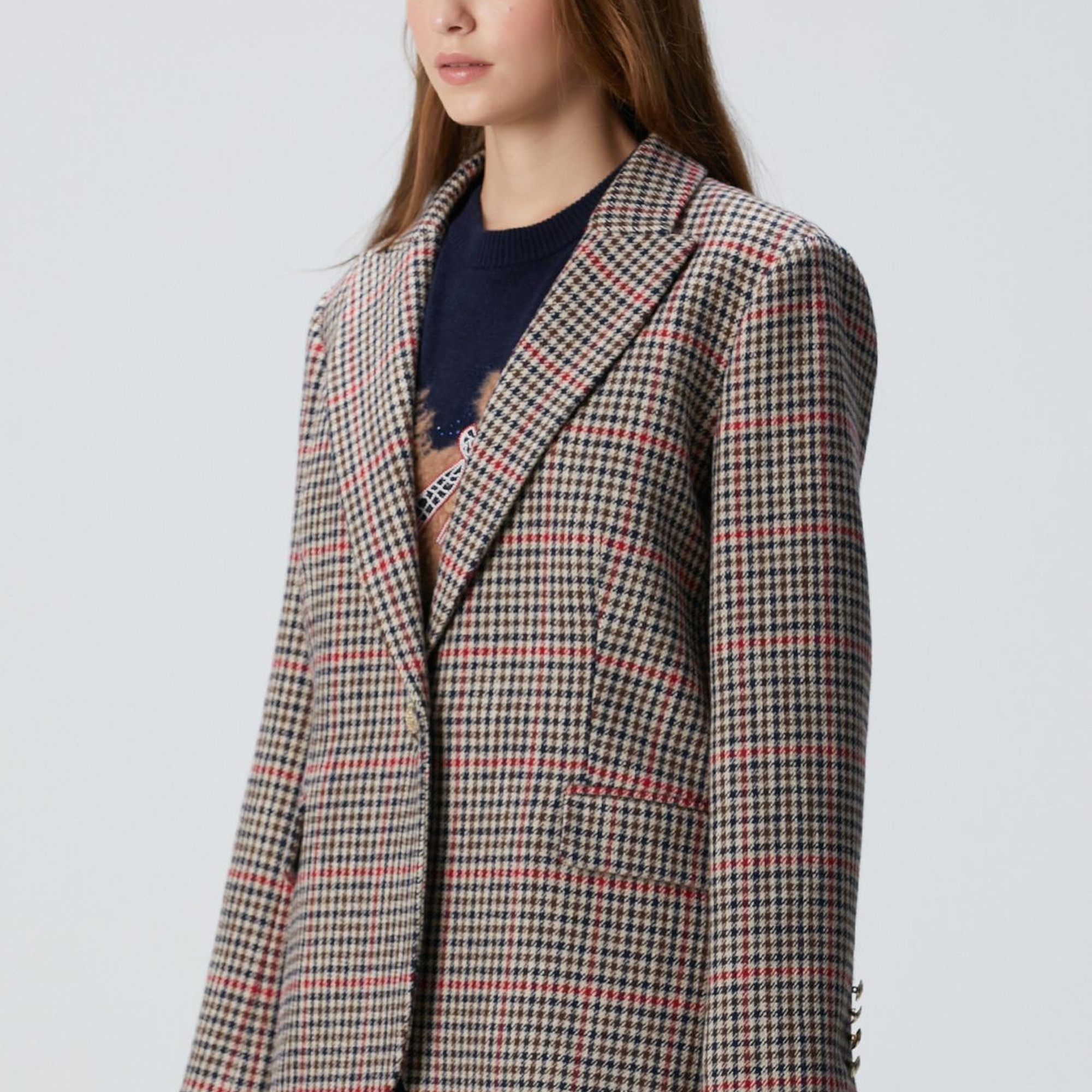 Network Kadın Lacivert Kahverengi Kazayağı Yün Karışımlı Ceket