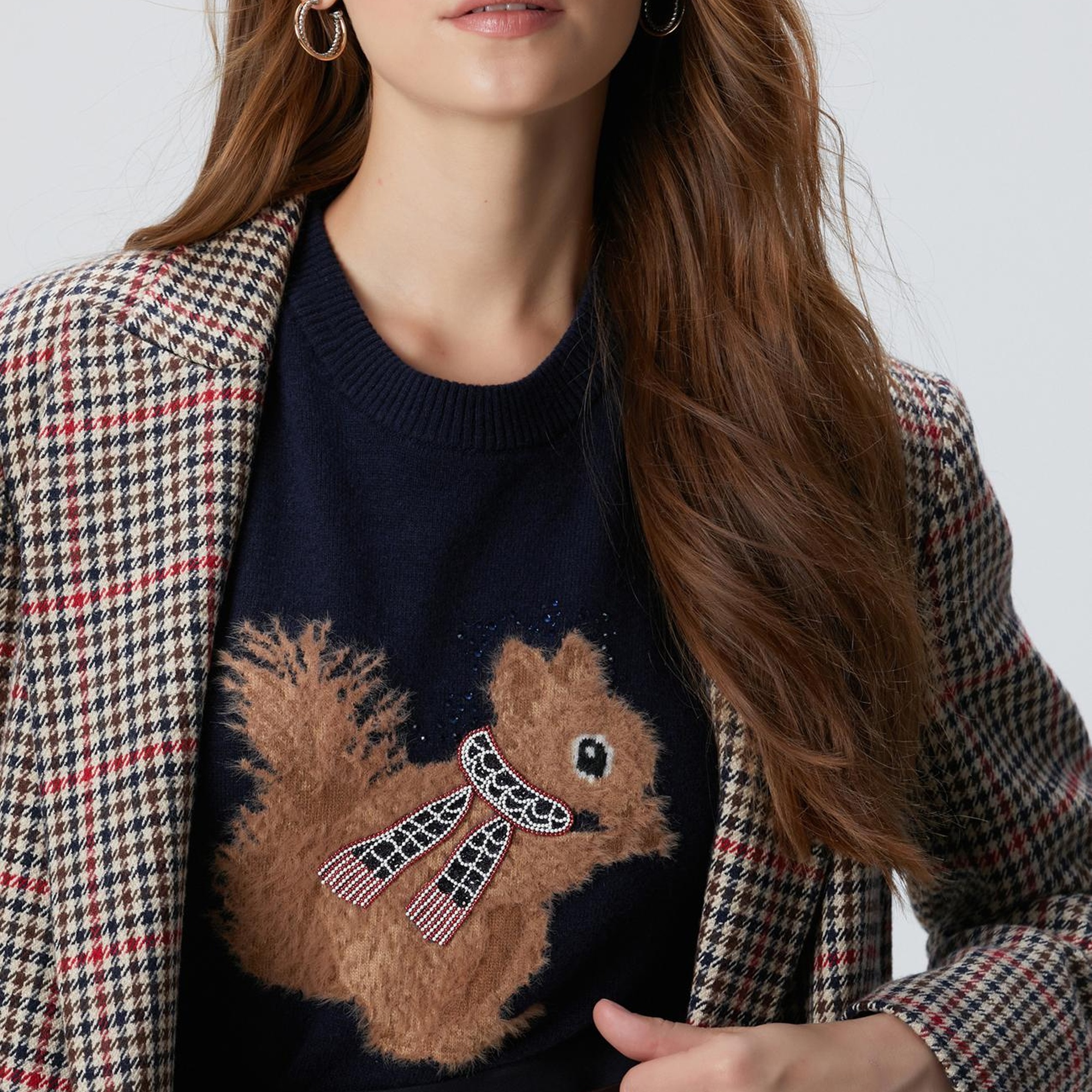 Network Kadın Lacivert Kahverengi Kazayağı Yün Karışımlı Ceket