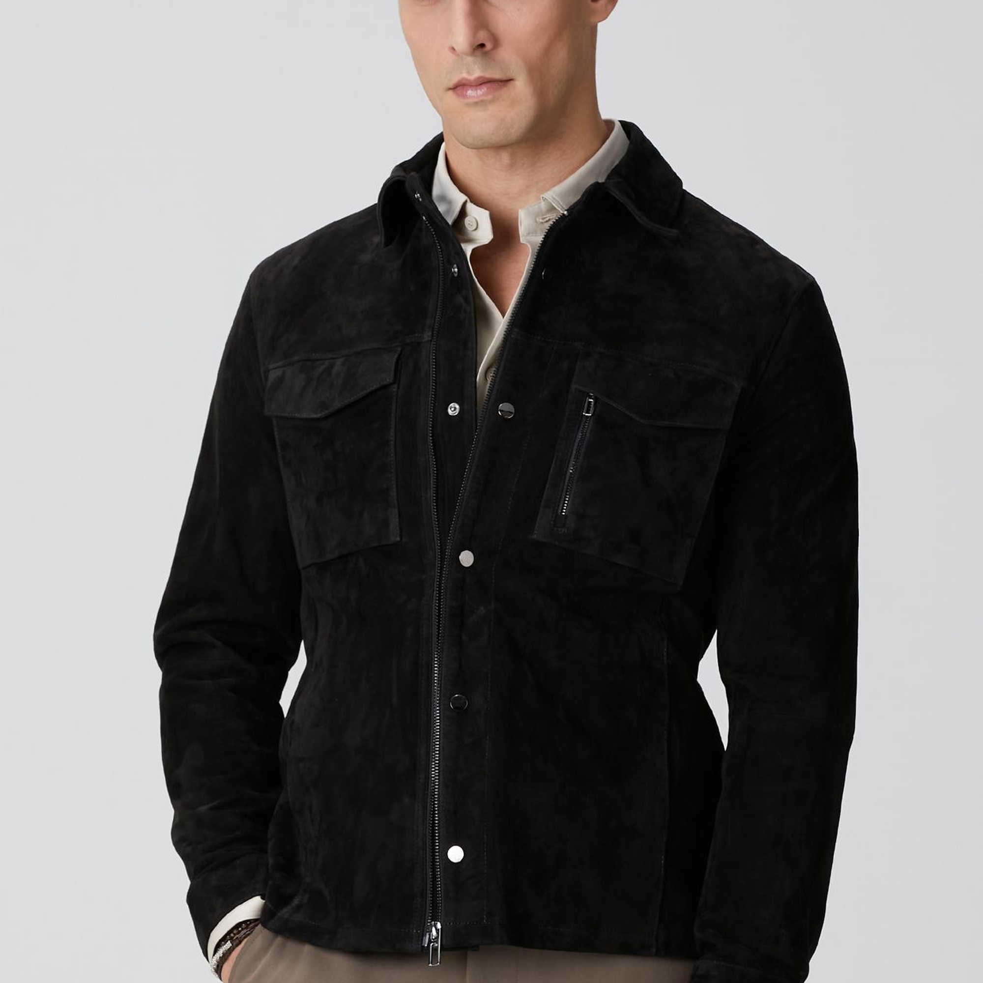 Network Erkek Siyah Göğüste Çift Cep Detaylı Süet Mont