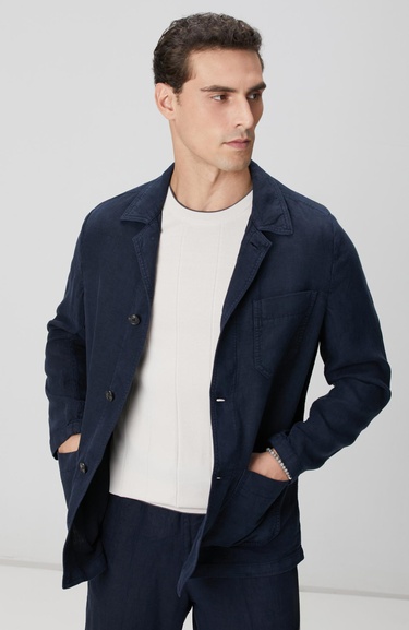  Network Erkek Lacivert Cep Detaylı Parça Boya Keten Dış Gömlek