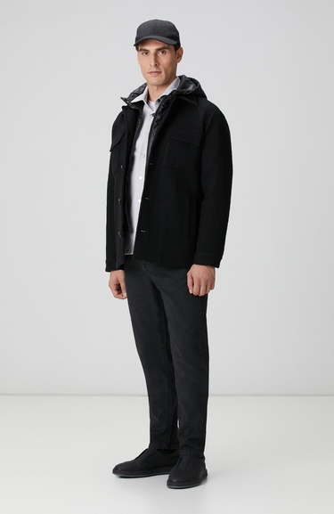  Network Erkek Siyah Yün Çıkma Mostralı Casual Kaban