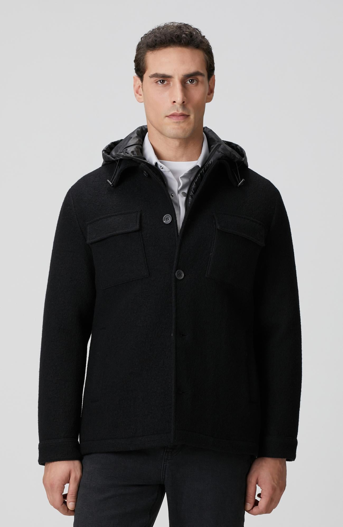  Network Erkek Siyah Yün Çıkma Mostralı Casual Kaban