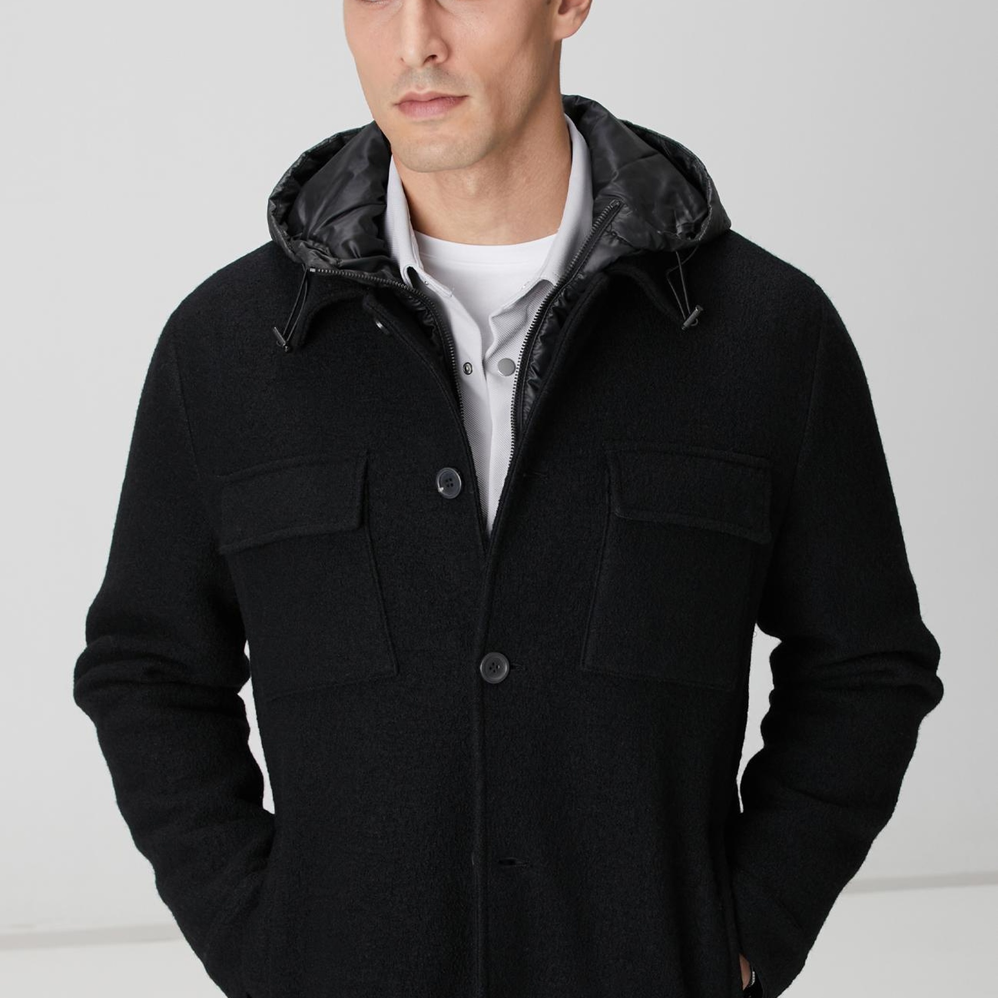 Network Erkek Siyah Yün Çıkma Mostralı Casual Kaban