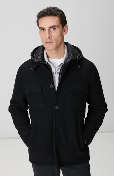  Network Erkek Siyah Yün Çıkma Mostralı Casual Kaban