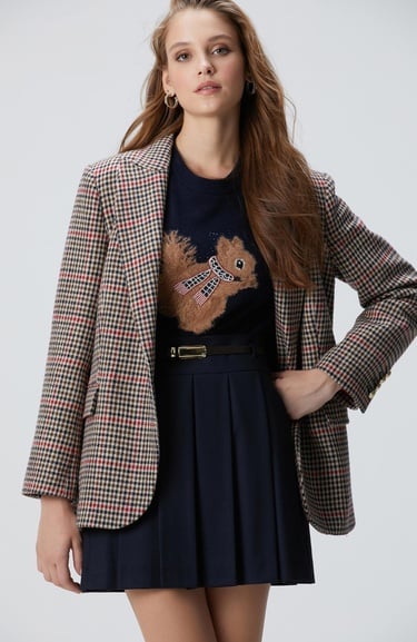  Network Kadın Lacivert Kahverengi Kazayağı Yün Karışımlı Ceket