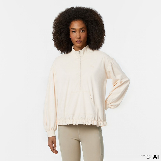  Kadın Oversize Fit Yarım Fermuarlı Krem Sweatshirt