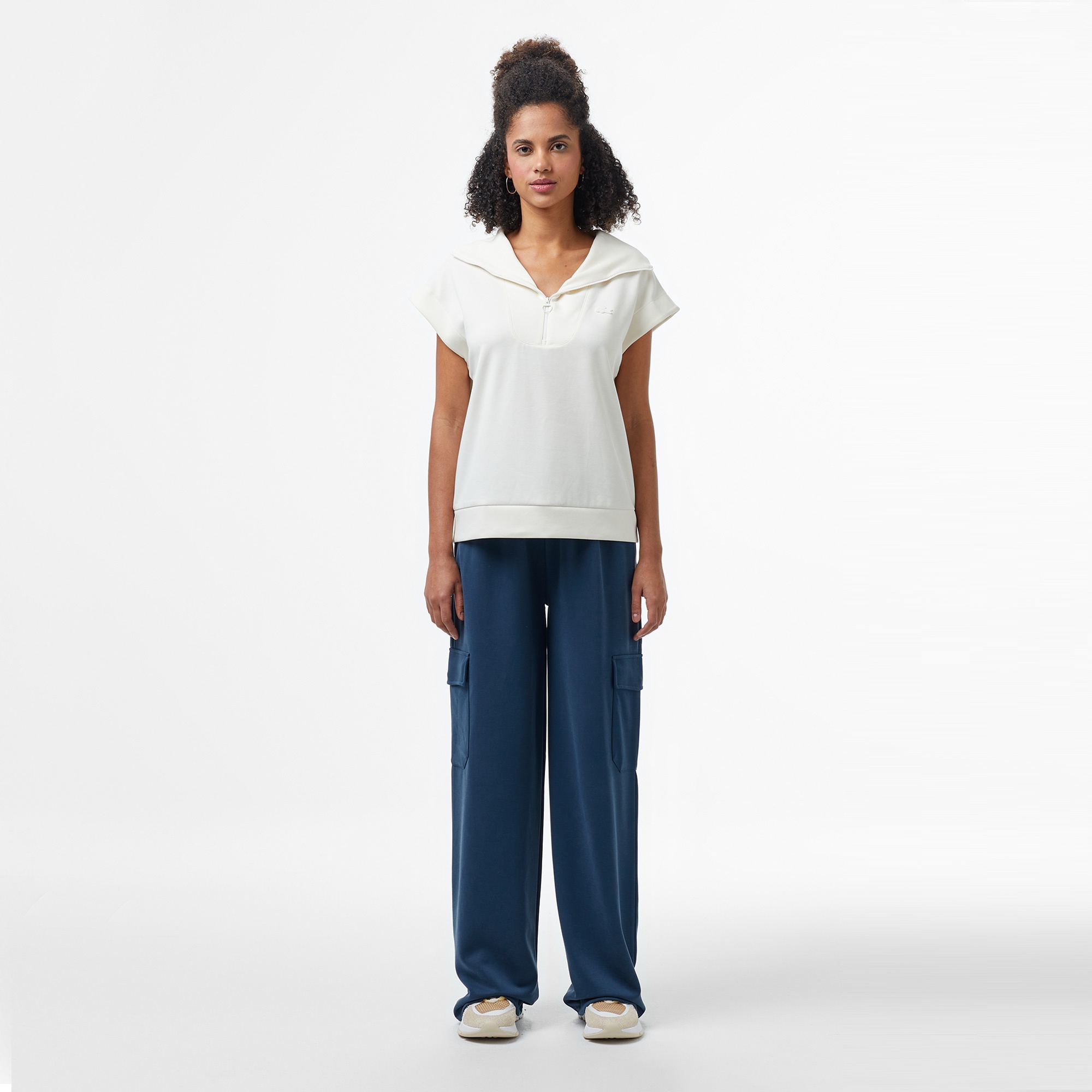 Lacoste Kadın Kısa Kollu Yarım Fermuarlı Beyaz Sweatshirt