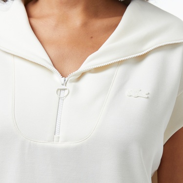  Kadın Kısa Kollu Yarım Fermuarlı Beyaz Sweatshirt