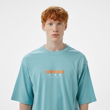  Converse Star Chevron Baskılı Oversize Fit Erkek Mavi T-Shirt