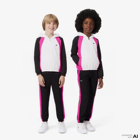  Lacoste Çocuk Kapüşonlu Renk Bloklu Beyaz Eşofman Takımı