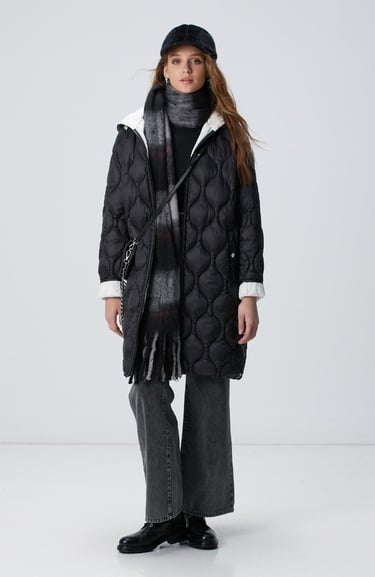  Network Kadın Siyah Kapüşon Yakalı Kaban