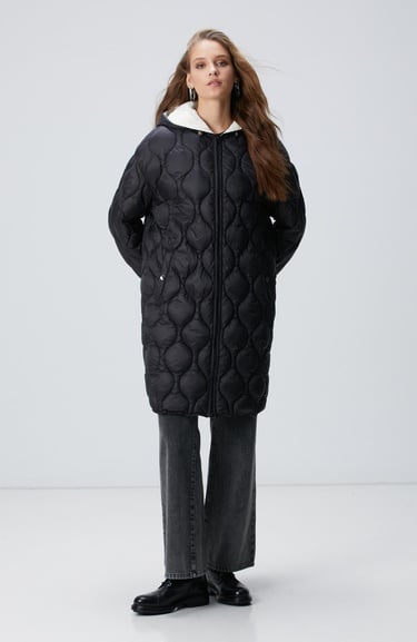  Network Kadın Siyah Kapüşon Yakalı Kaban