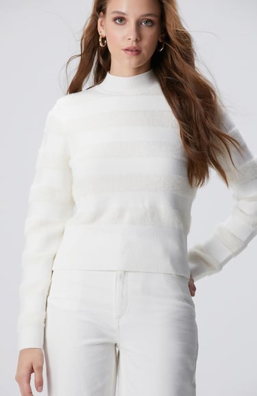  Network Kadın Kırık Beyaz Çizgili Triko Kazak