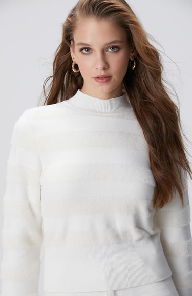  Network Kadın Kırık Beyaz Çizgili Triko Kazak